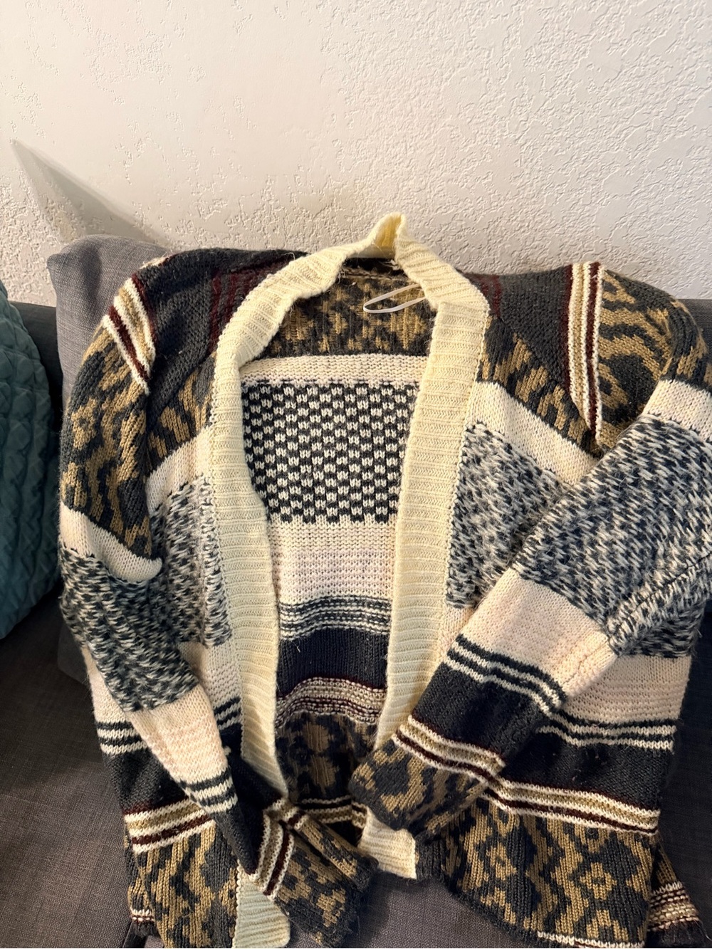 Quinn Multicolor Patterned Open-Front Cardigan in Black, Cream, Brown